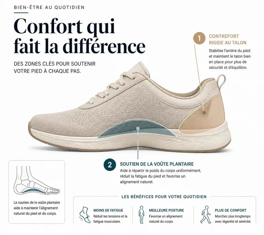 Schéma des caractéristiques d'une chaussure pour pied plat femme avec soutien de la voûte