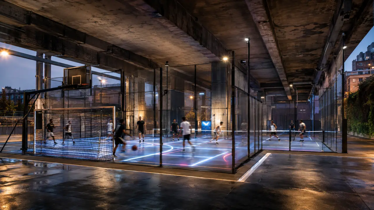Arène multisport urbaine sous un pont, éclairée par des lignes LED néon vert