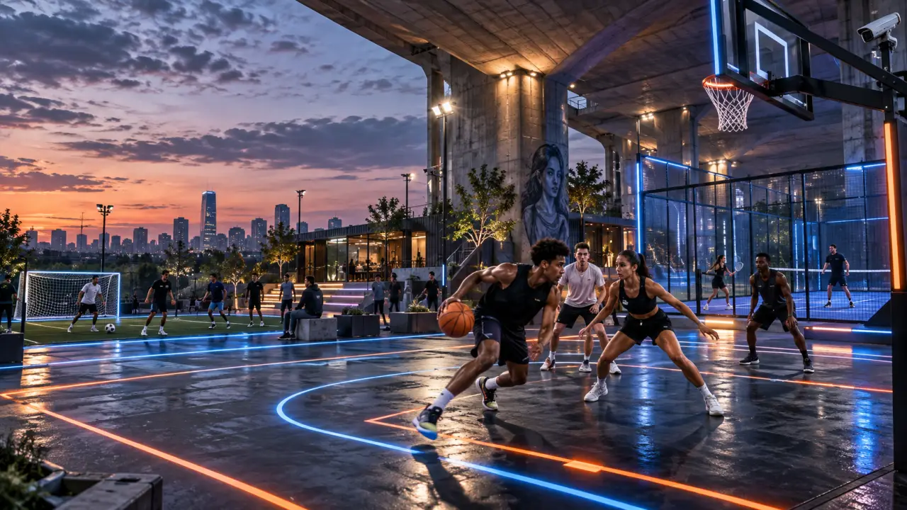 Arène de sport urbain modulable éclairée par des lignes LED vert néon