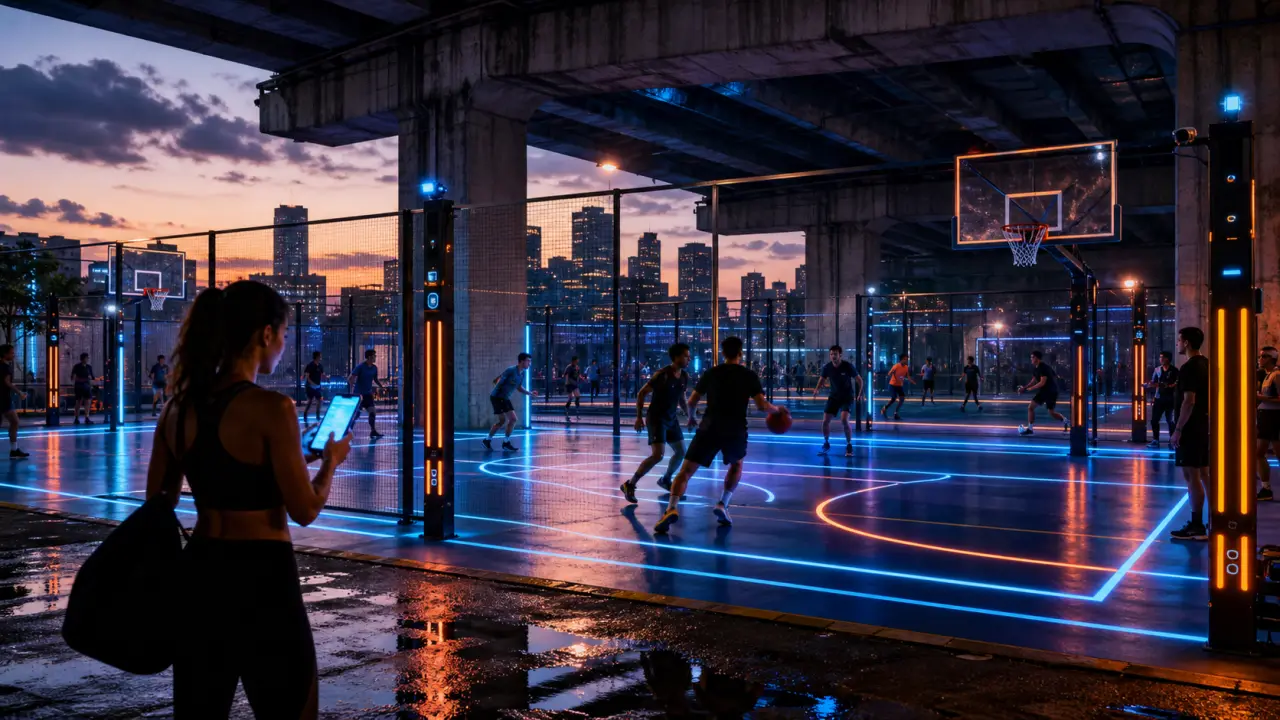 Arène urbaine connectée illuminée par des lignes LED vert néon, avec des sportifs en action la nuit