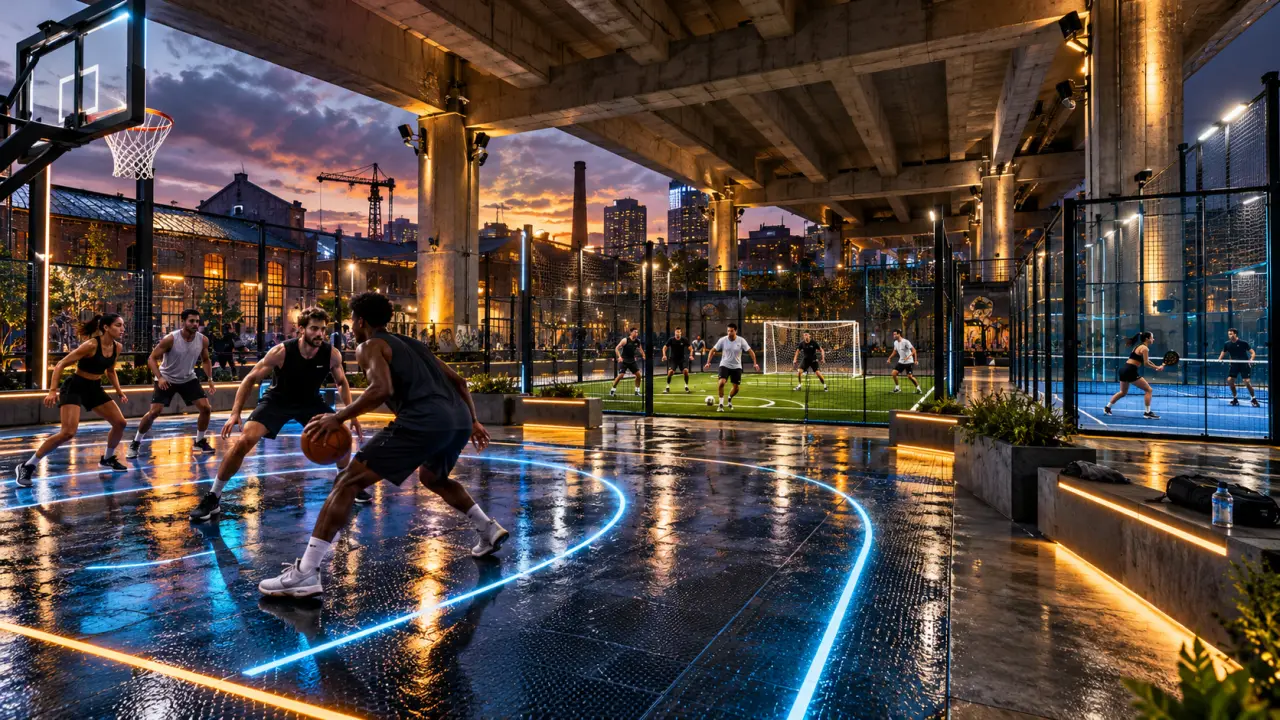 Arène sportive urbaine modulable éclairée par des lignes LED vertes la nuit