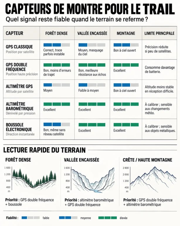 Infographie des fonctions essentielles d’une montre pour le trail : GPS, altimètre barométrique et boussole