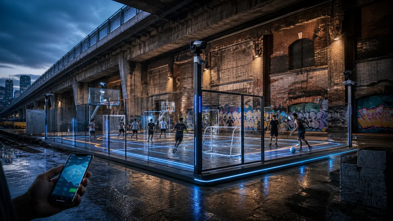 Terrain de sport urbain futuriste la nuit, éclairé par des lignes LED néon vert, avec des athlètes en action
