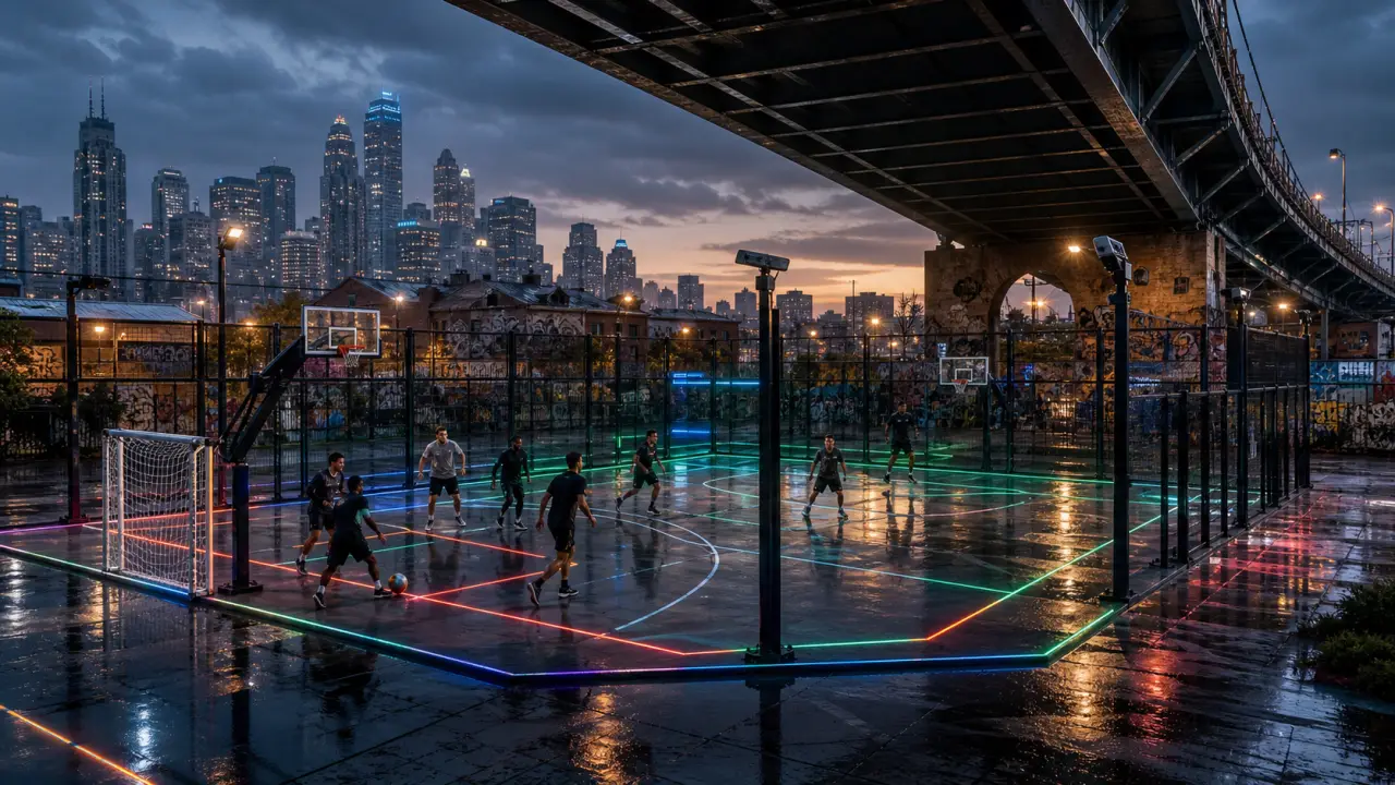 Terrain de sport urbain futuriste de nuit, éclairé par des lignes LED néon vert, avec des athlètes en action