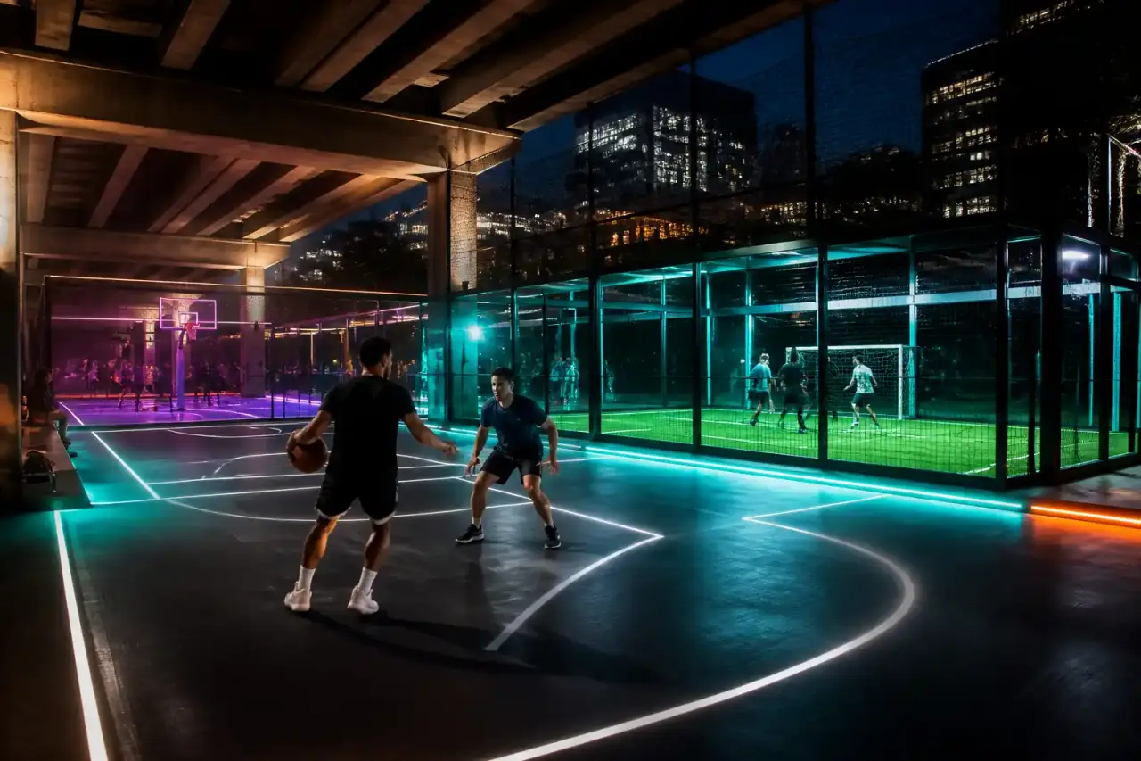 Arène de sport urbain futuriste connectée PlayMod de nuit