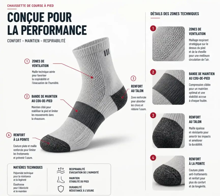 Schéma anatomique d'une chaussette pour courir technique