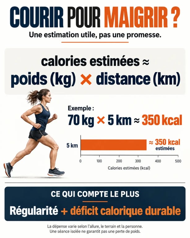 Infographie courir maigrir : calories estimées selon le poids et la distance courue