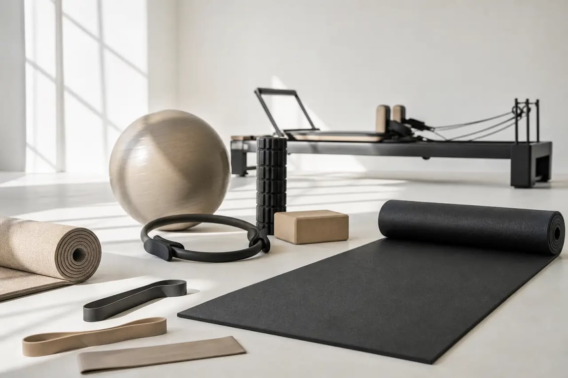 Matériel pour pilates dans un studio avec tapis, élastiques, anneau, ballon et reformer