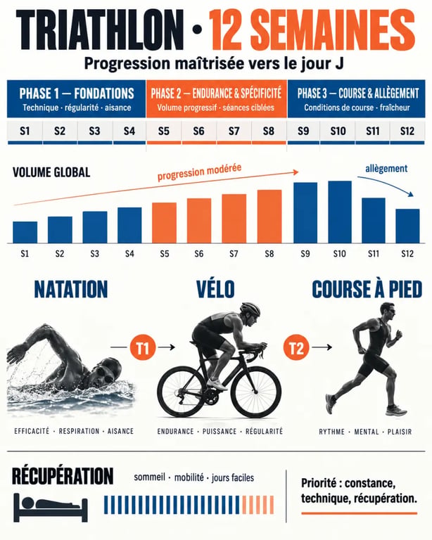 Programme entrainement triathlon sur 12 semaines avec natation, vélo, course et transitions