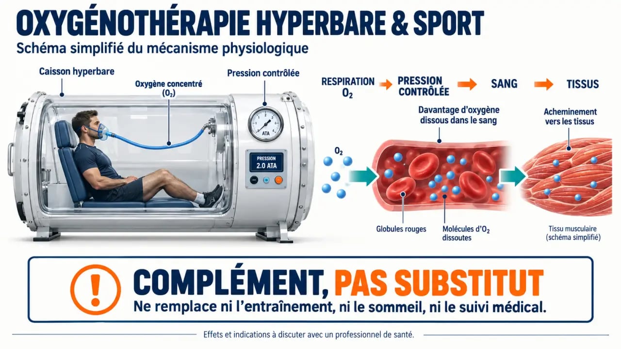 Schéma pédagogique de l’oxygénothérapie sport et du fonctionnement du caisson hyperbare