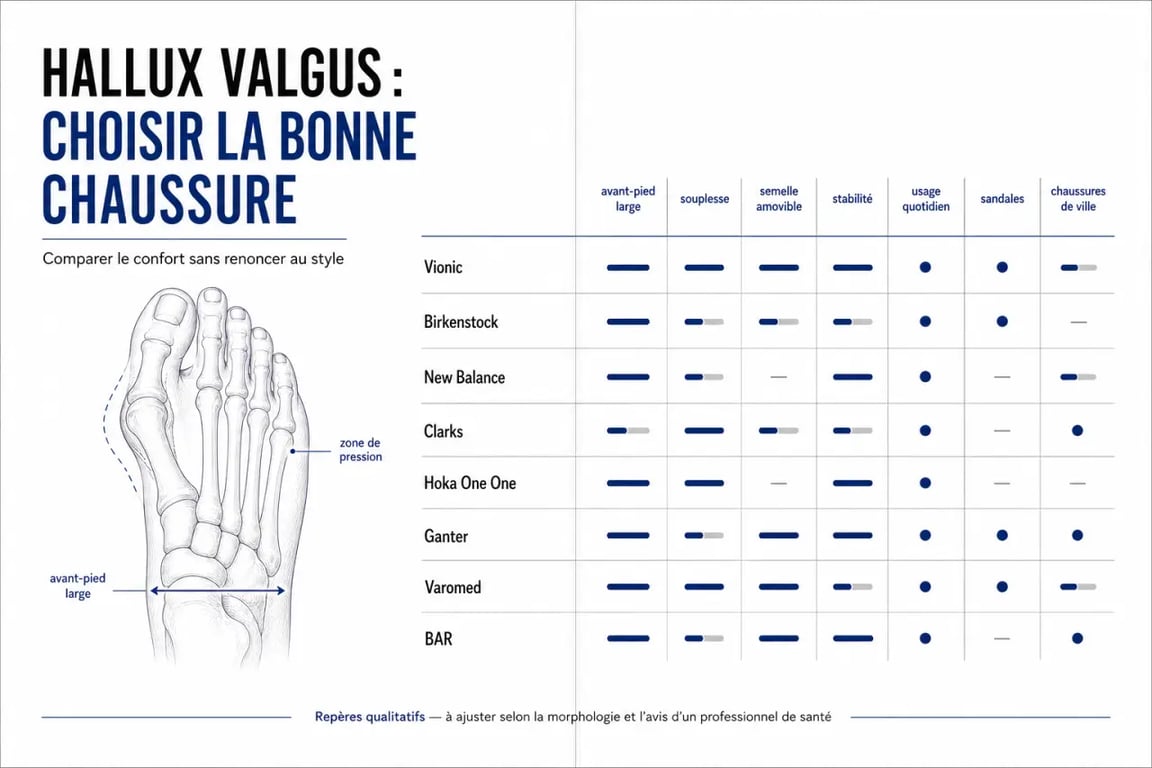 Quelle marque de chaussures pour hallux valgus : comparatif visuel des marques Vionic, Birkenstock, New Balance, Clarks et Hoka One One selon la largeur, la souplesse et le confort.