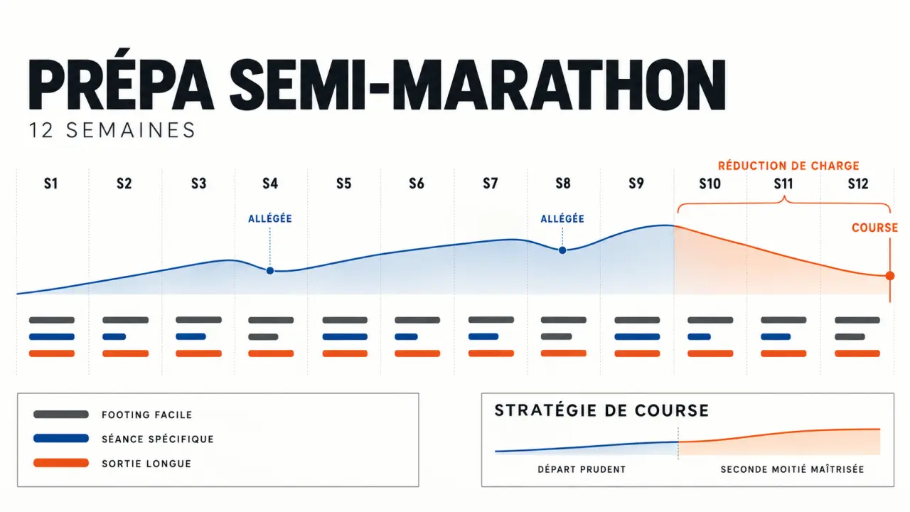 Infographie d’une prépa semi marathon sur 12 semaines avec sorties longues et allures