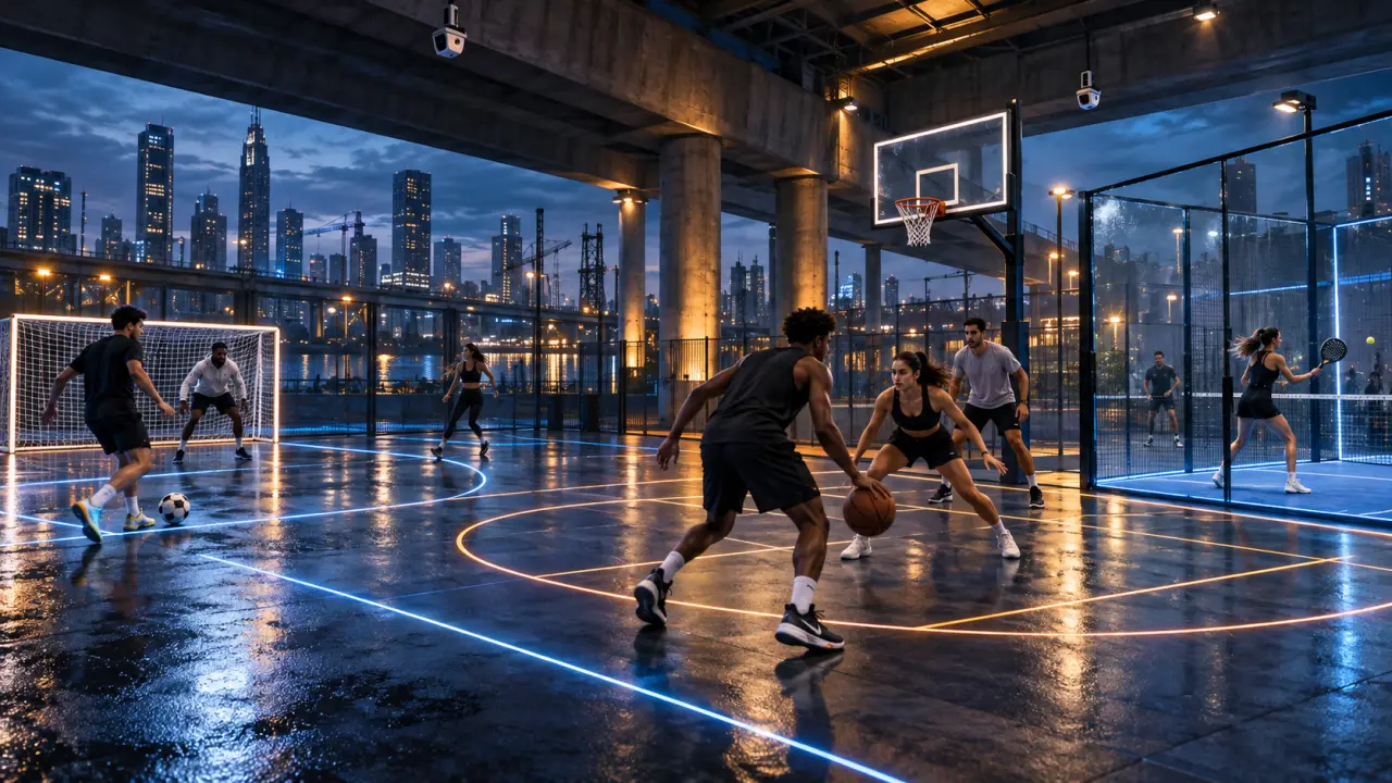 Arène multisport connectée illuminée par des lignes LED dans un espace urbain