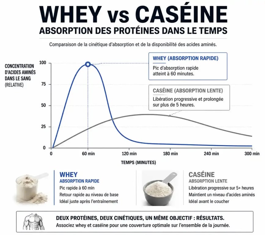 Graphique comparatif de la vitesse d'absorption entre la whey et la caséine pour optimiser le timing des protéines