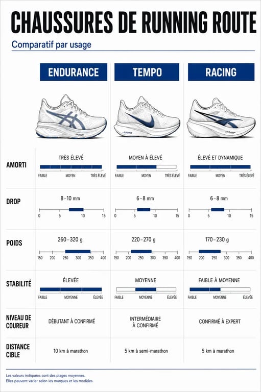 Chaussure running route : comparatif des critères clés pour choisir entre endurance, tempo et racing