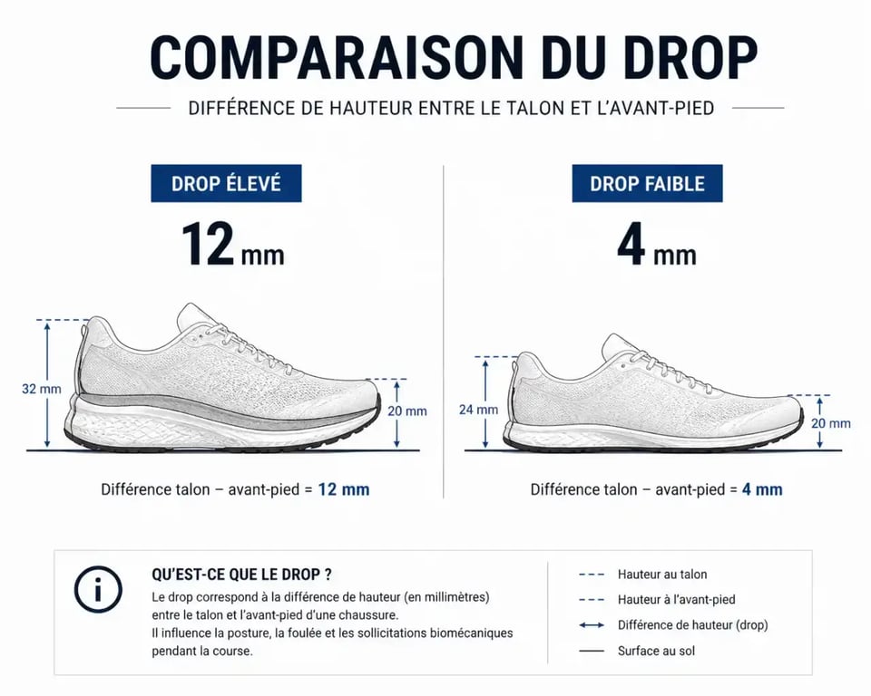 Schéma comparatif du drop d'une chaussure de running : différence de hauteur entre talon et avant-pied