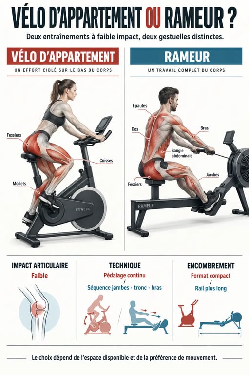 Infographie comparative vélo ou rameur montrant les muscles sollicités et les différences d’utilisation