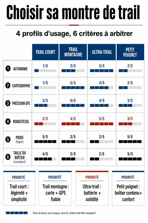 Meilleur montre pour le trail : infographie des critères de choix selon le profil, l’autonomie, la cartographie et le poids