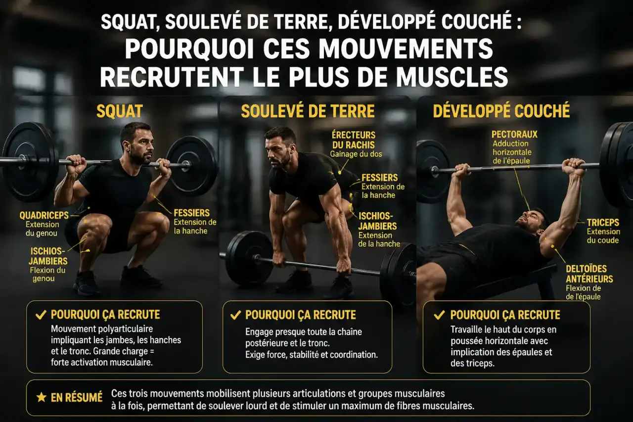 Squat, soulevé de terre, développé couché : pourquoi ces mouvements recrutent le plus de muscles