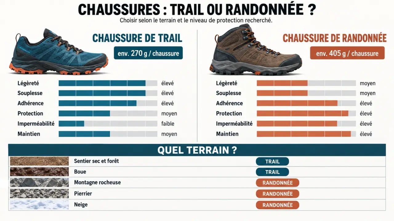 Infographie comparative sur la chaussure de trail pour la randonnée selon le terrain, le poids et la protection