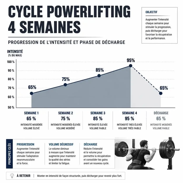Infographie du cycle de progression d'un programme powerlifting sur 4 semaines