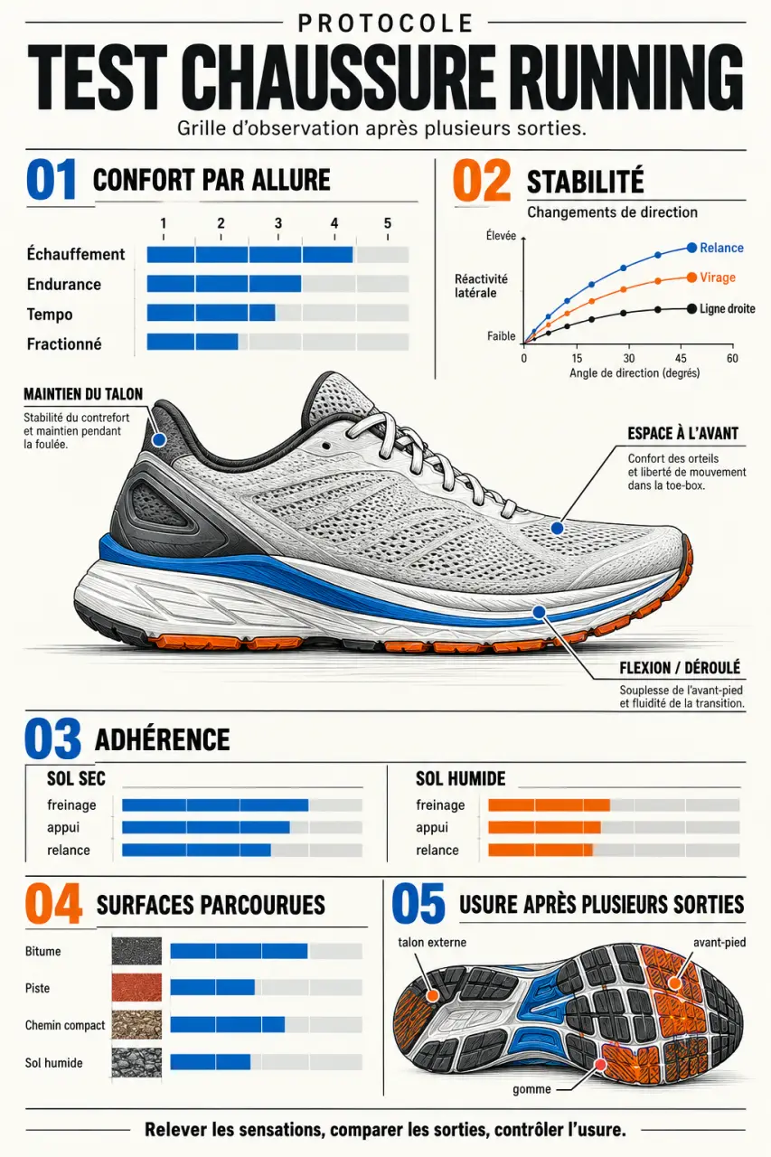 Test chaussure running : critères de confort, maintien, stabilité et adhérence à vérifier