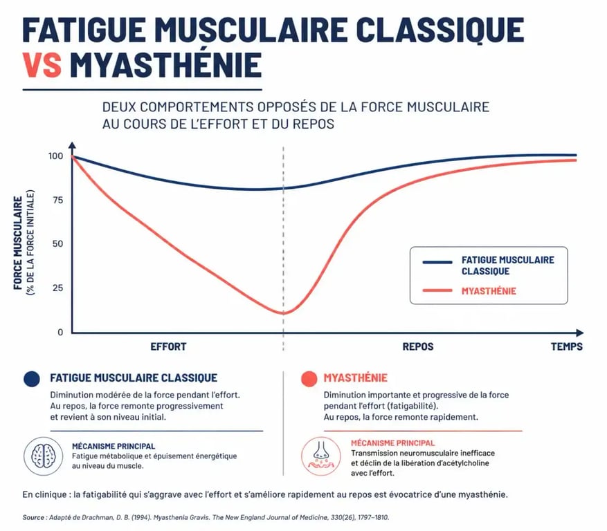 Comparaison entre fatigue musculaire classique et fatigabilité de la myasthénie selon l'effort et le repos