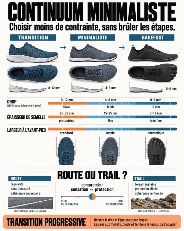 Infographie sur la chaussure de course minimaliste, le drop, l'épaisseur de semelle et le choix route ou trail