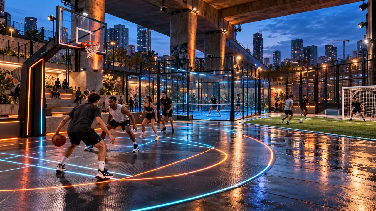 Arène sportive urbaine modulable et connectée éclairée par des lignes LED