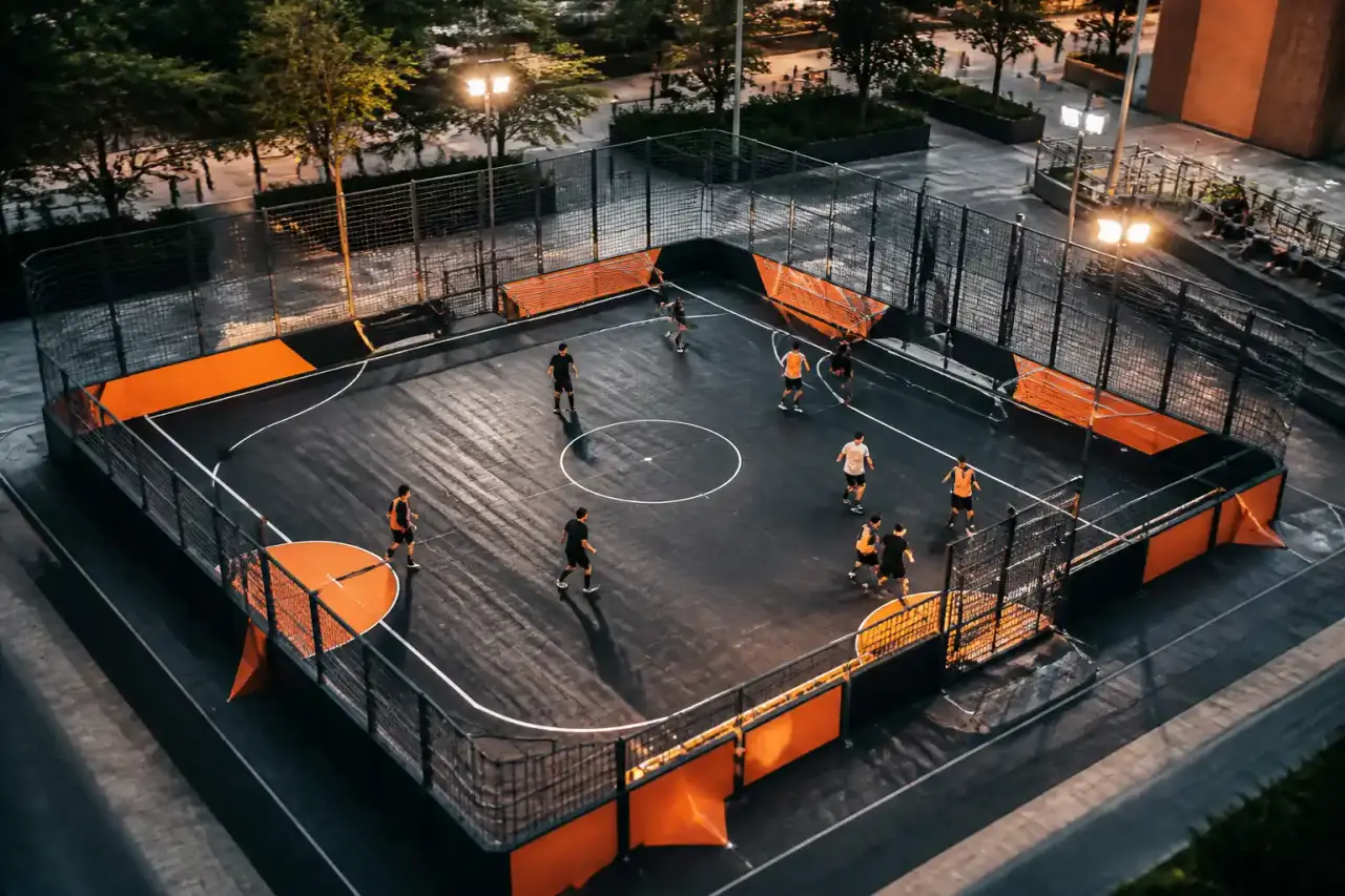 Arène sportive urbaine modulaire éclairée par des lignes LED néon vert la nuit