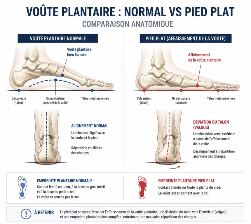 Schéma anatomique comparatif pied normal et pied plat pour chaussure pour pied plat femme