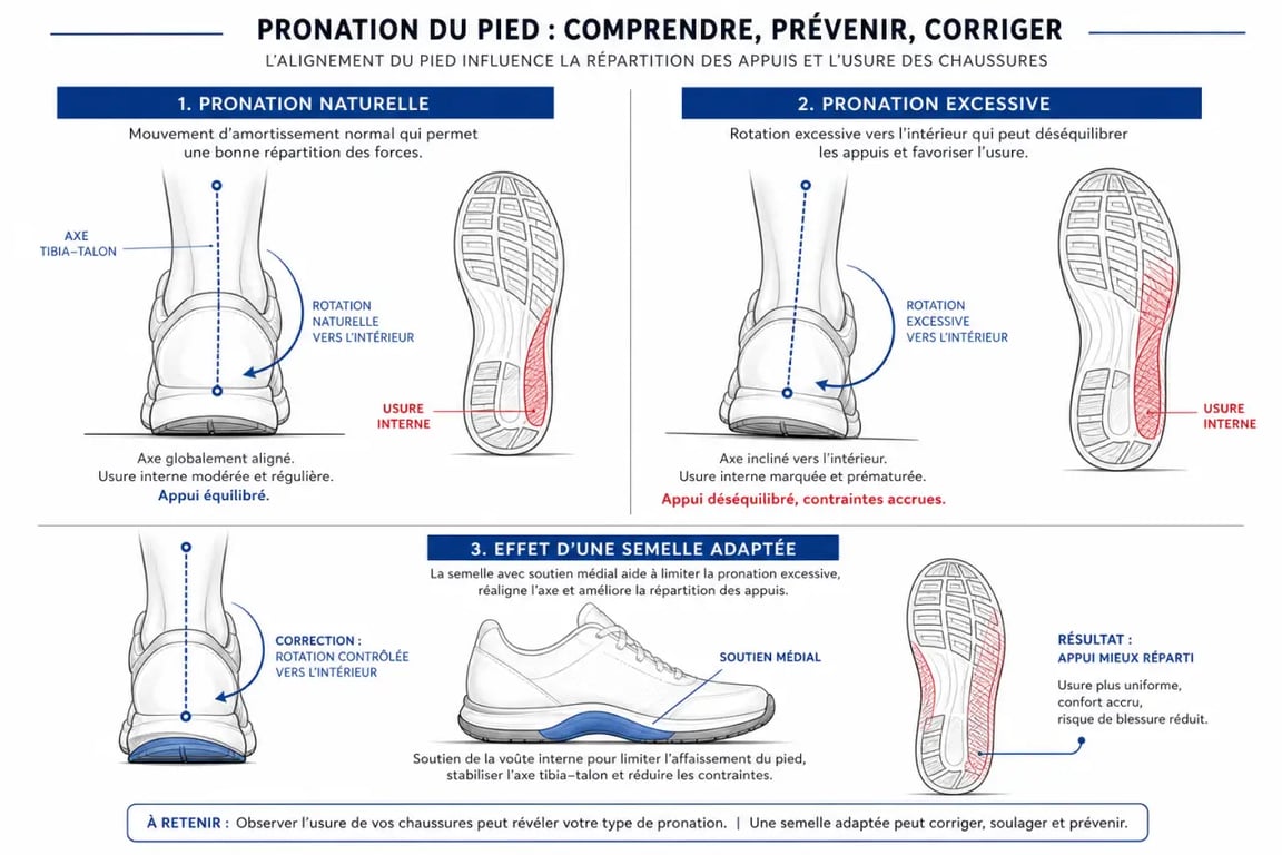 Schéma du pronateur semelle montrant la pronation du pied et l’usure interne de la chaussure