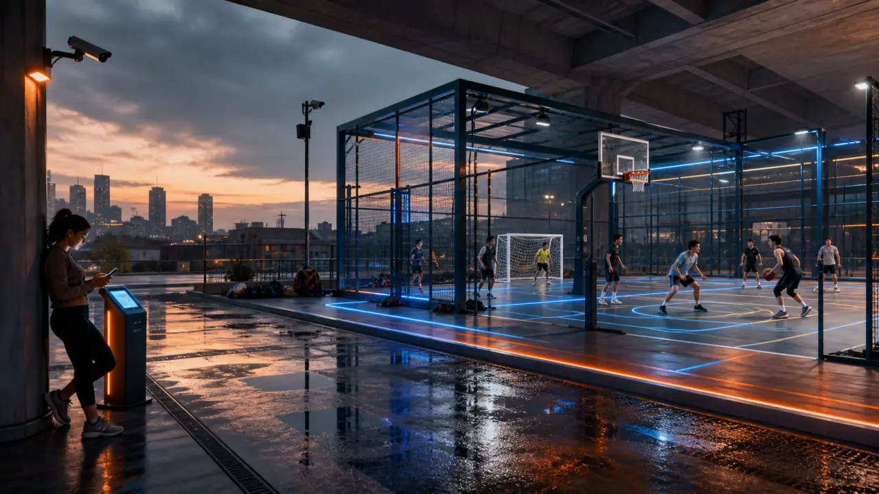 Terrain urbain connecté illuminé par des lignes LED, avec des joueurs en action la nuit
