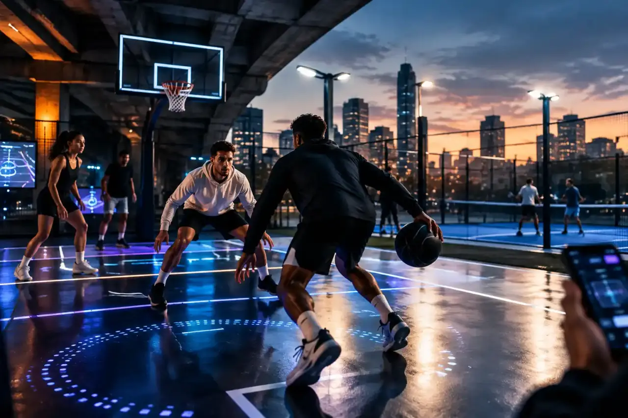 Arène PlayMod connectée éclairée par des lignes LED, avec des sportifs en action la nuit
