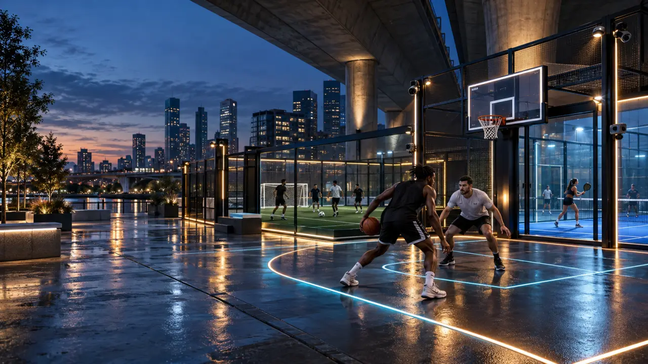 Arène urbaine connectée PlayMod éclairée par des lignes LED néon