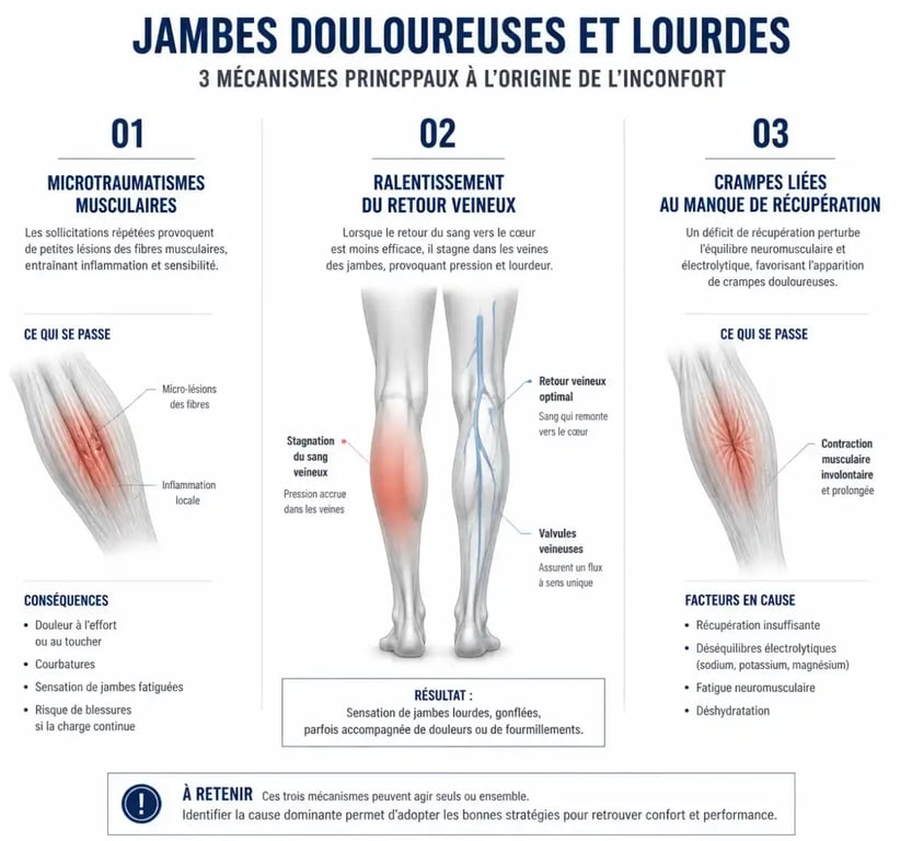 Schéma des causes de la fatigue musculaire et des jambes lourdes : microtraumatismes, retour veineux et crampes