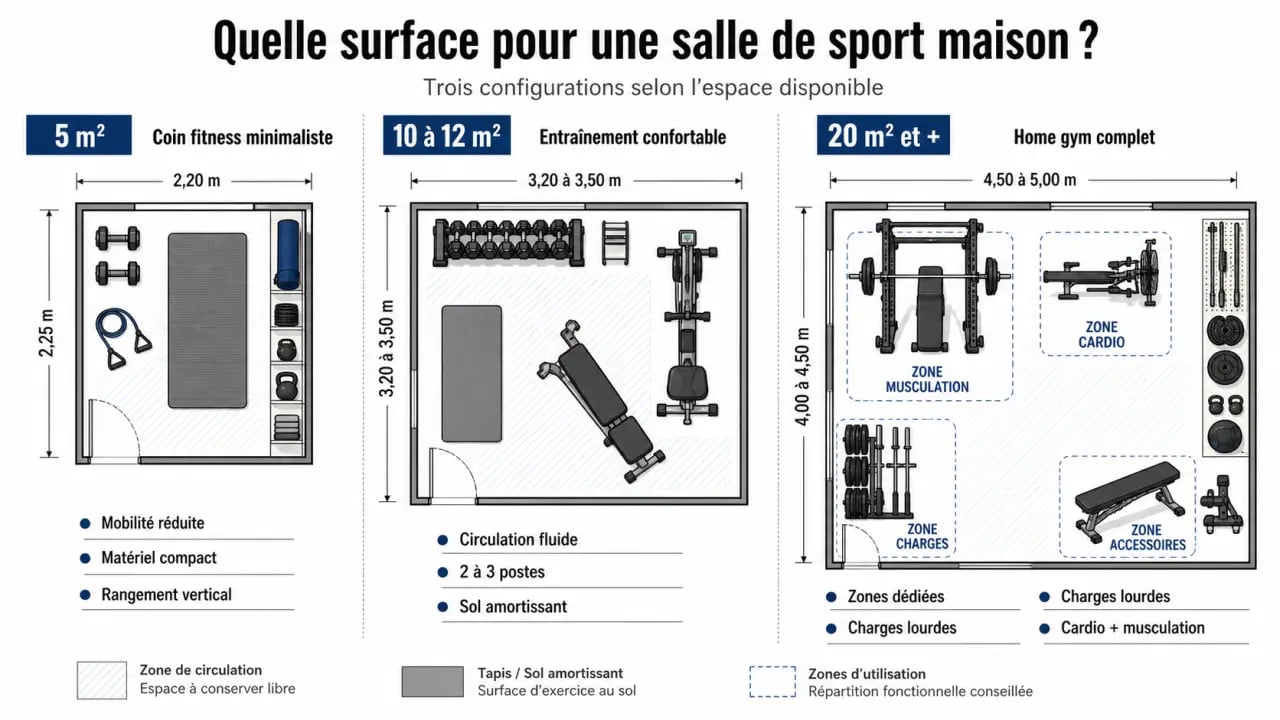 Combien de m2 pour une salle de sport maison : comparaison des surfaces de 5 m², 10 à 12 m² et 20 m²