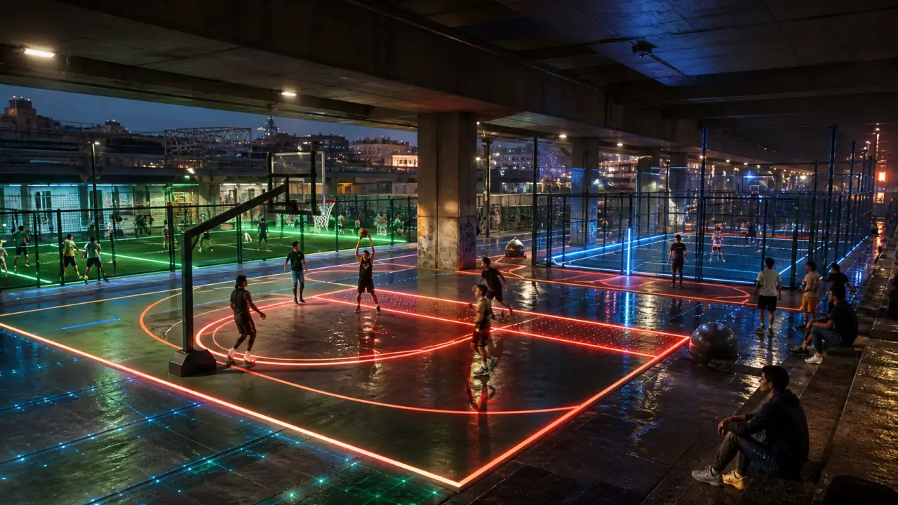 Terrain de sport urbain futuriste éclairé par des lignes LED néon vert, avec des athlètes en action