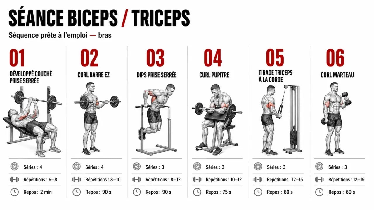 Séance biceps triceps : ordre des exercices, séries, répétitions et repos