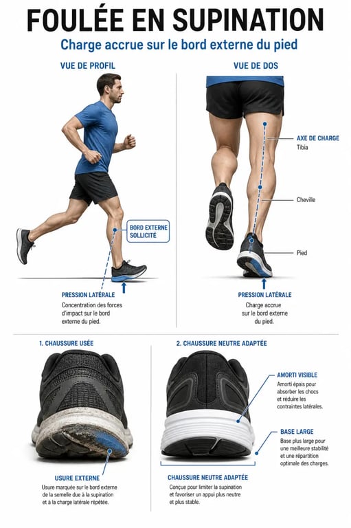 Chaussures supination : schéma de la foulée, de l’usure externe et d’une chaussure neutre adaptée