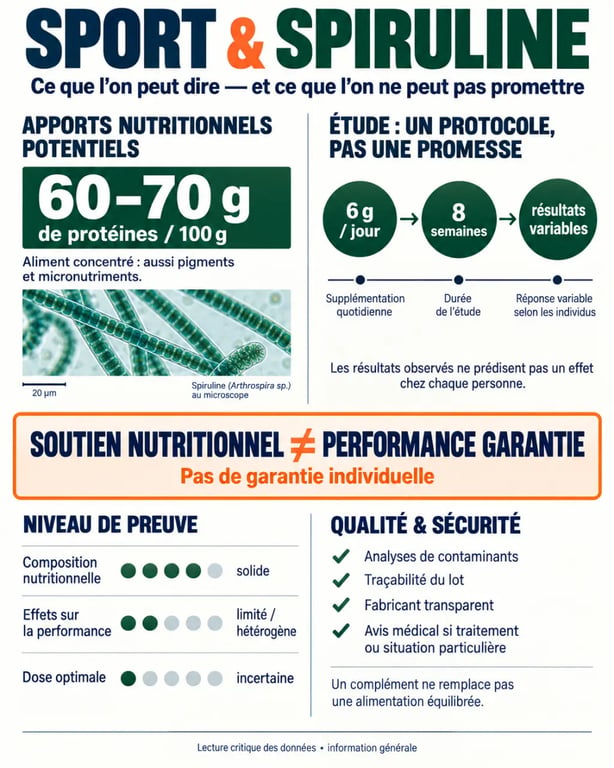 Infographie sur le sport et la spiruline, ses apports, ses limites et ses critères de qualité