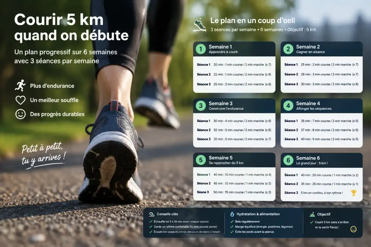 Courir 5 km quand on débute : un plan progressif sur 6 semaines, avec 3 séances par semaine