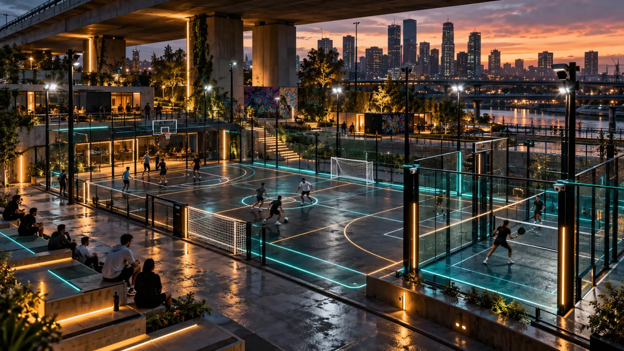 Arène urbaine connectée éclairée par des lignes LED la nuit