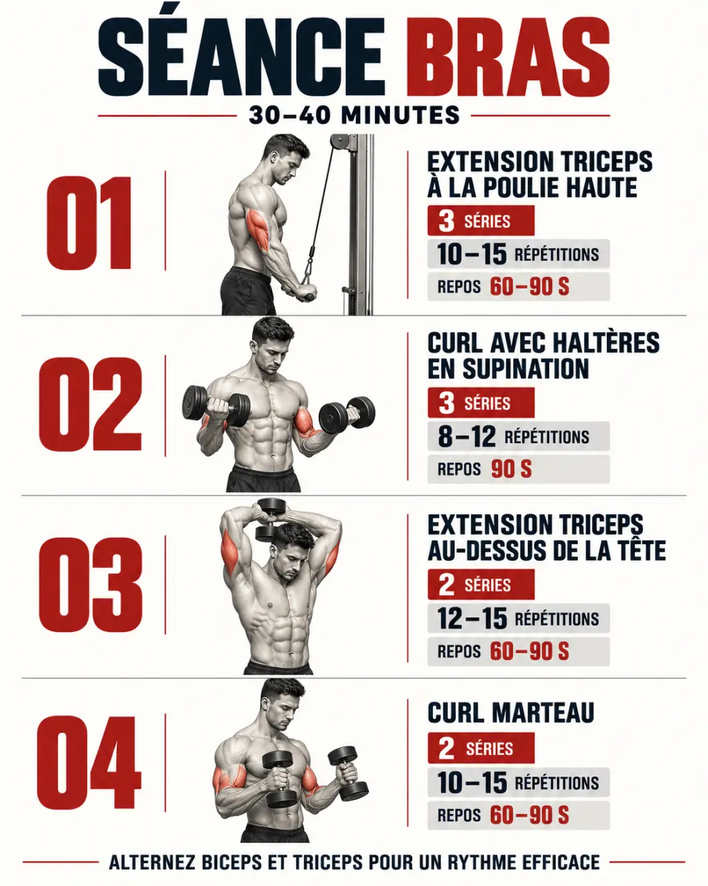 Séance bras muscu avec ordre des exercices, séries, répétitions et temps de repos