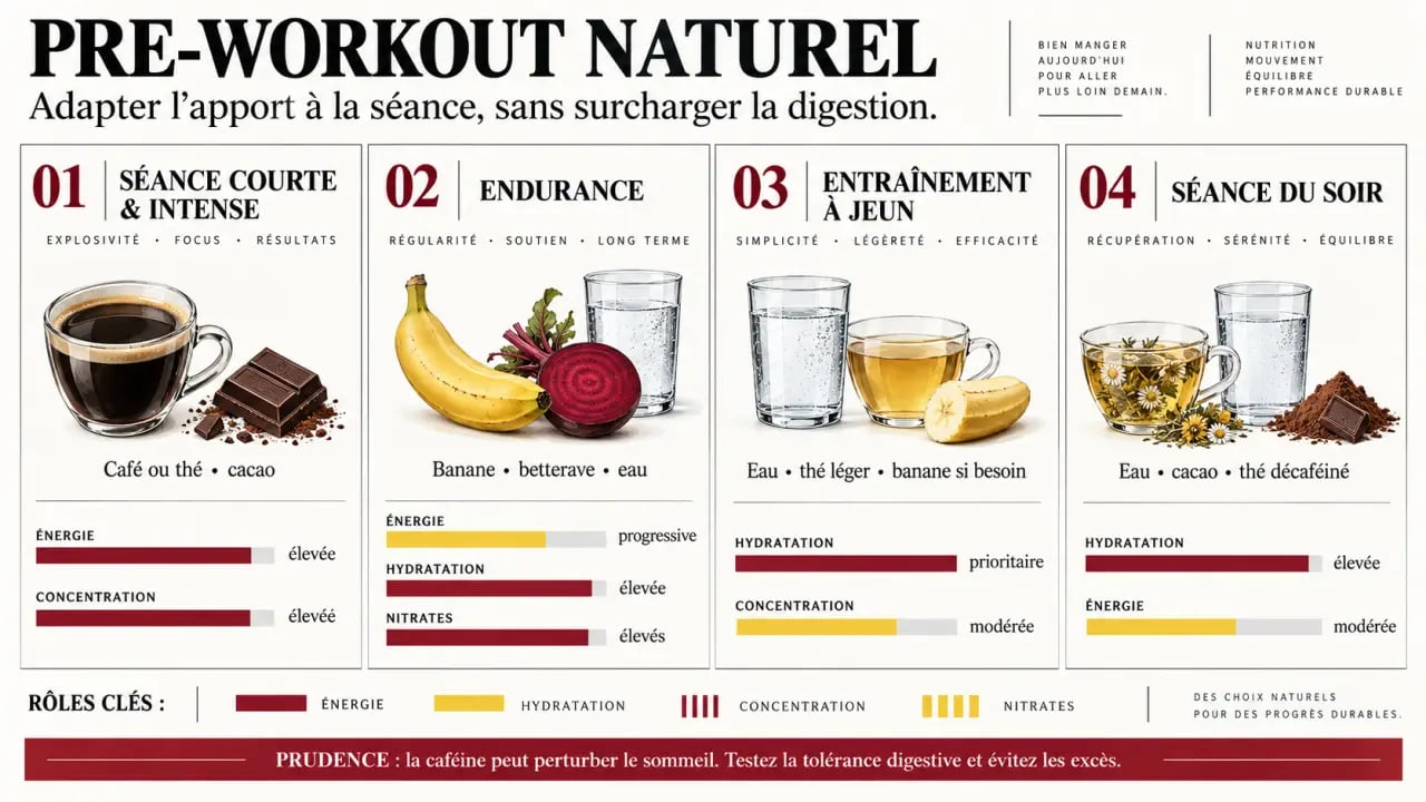 Infographie sur le pre workout naturel selon l’objectif sportif, les ingrédients et la caféine