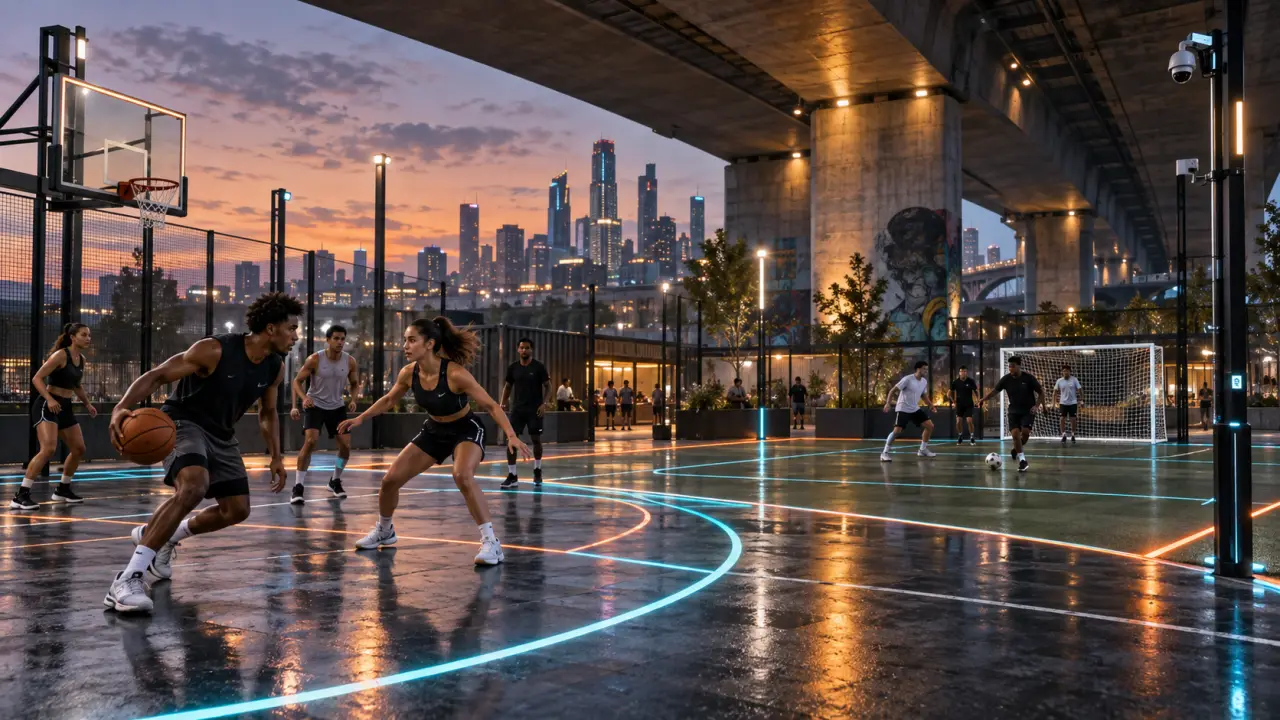 Athlètes jouant dans une arène multisport connectée éclairée par des lignes LED vertes