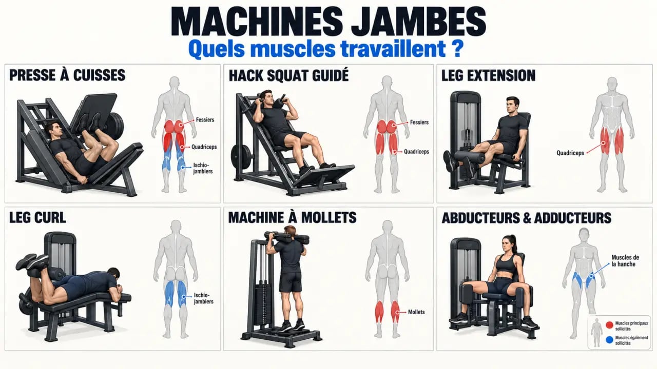 Infographie des machines de musculation jambe et des principaux muscles sollicités