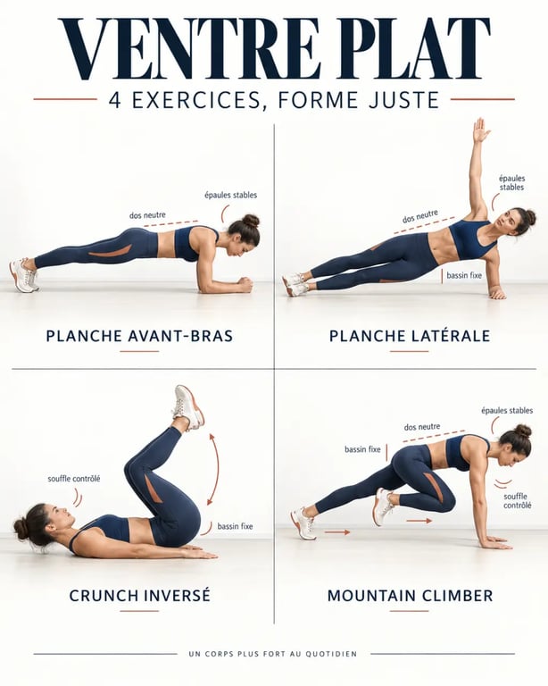 Exercices pour ventre plat : planche, planche latérale, crunch inversé et mountain climber