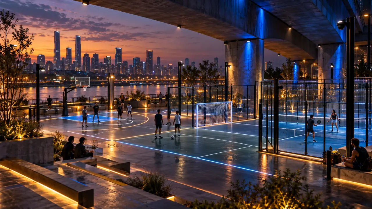 Arène multisport connectée éclairée par des lignes LED dans un espace urbain