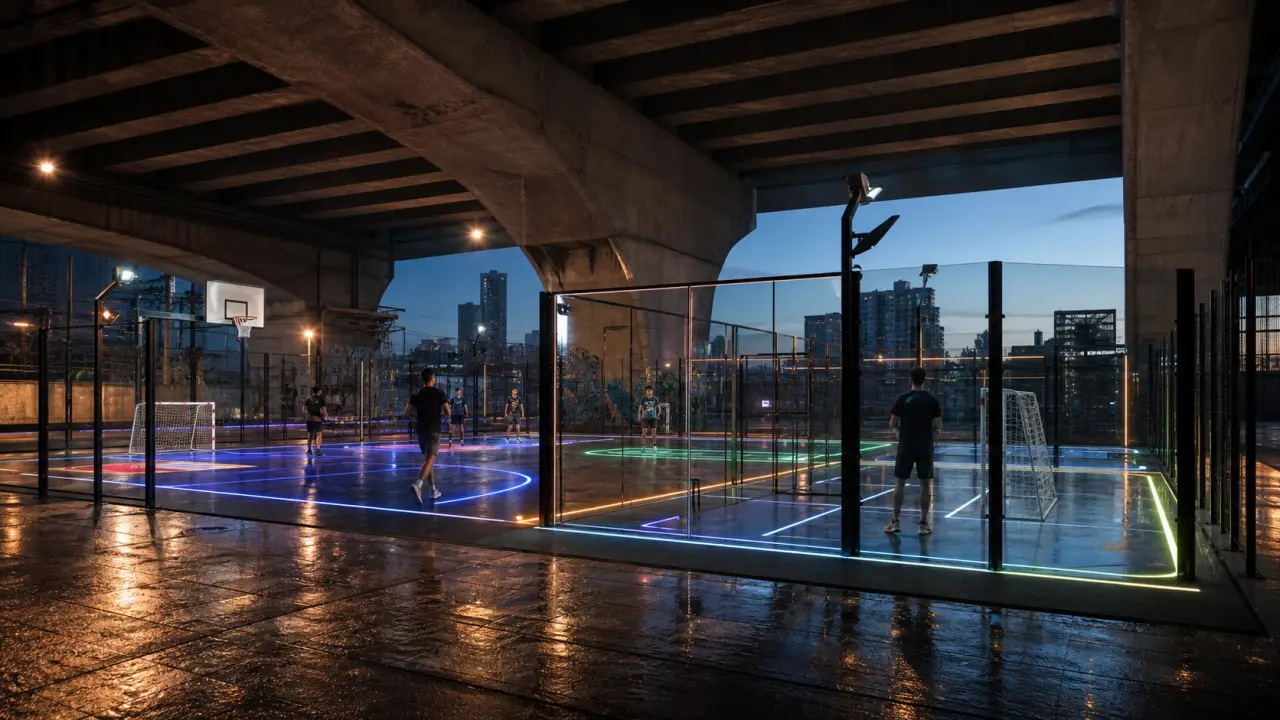 Arène sportive urbaine futuriste éclairée par des lignes LED néon vert, avec des athlètes en action